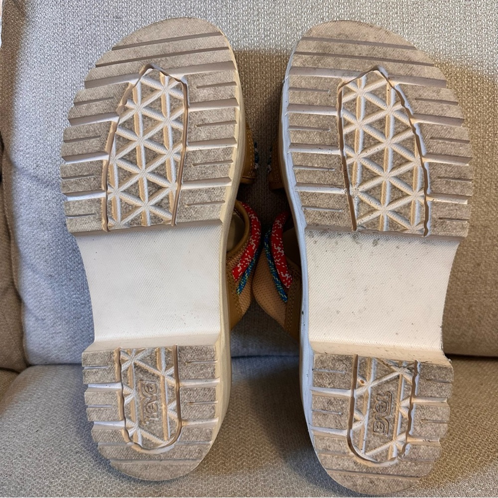 Teva Indio Carabiner Slide Rope Platform Sandals Stretchy tan, red, white, blue - Picture 10 of 11